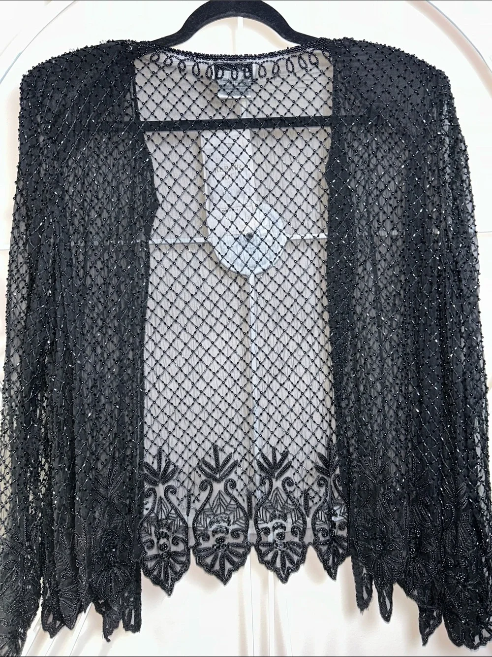 Vintage Stenay 100% Silk Black Beaded Sheer Open-Front Cardigan Duster Jacket